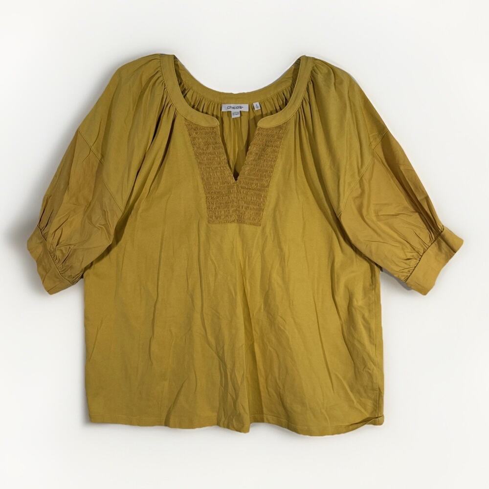 Chico's Smocked Puff Sleeve Peasant Top Size 3 (XL) Yellow Boho Summer Tunic